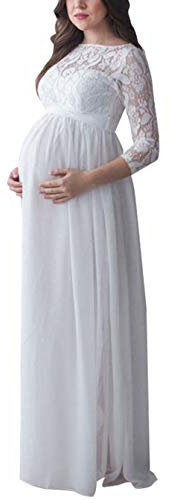 Loalirando Robe de Grossesse Maxi-Longue en Dentelle à Manches Longues, Robe de Maternité Dentelle Photo Mariage Cérémonie, Blanc, M
