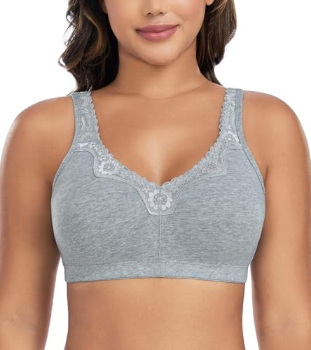 DotVol Women's Comfort Embroidered Lace Non Foam Wirefree Cotton Everyday Bra(50B, Grey)