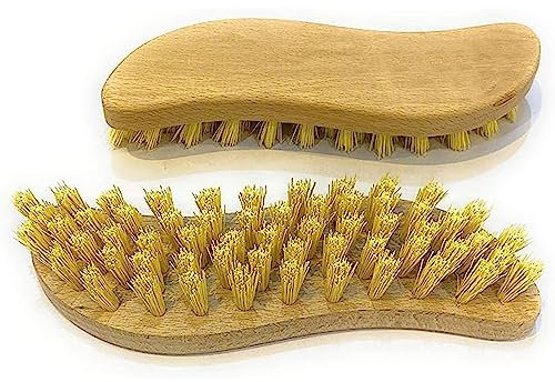 HOMESHOPA Wooden Scrubbing Brush, 1 Pack Heavy Duty Hand Brush with Hard Stiff Bristles, Curved Ergonomic Handle, Cleaning Hard Floos to Remove Grime Dirt, Tile Grout Decking Boot Cleaning Brush