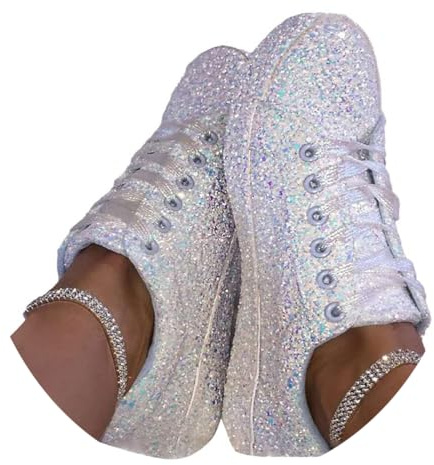 ticticlily Baskets Femmes Paillettes Confortable Légères Courses Basses Marche Jogging Chaussures A Blanc 39 EU