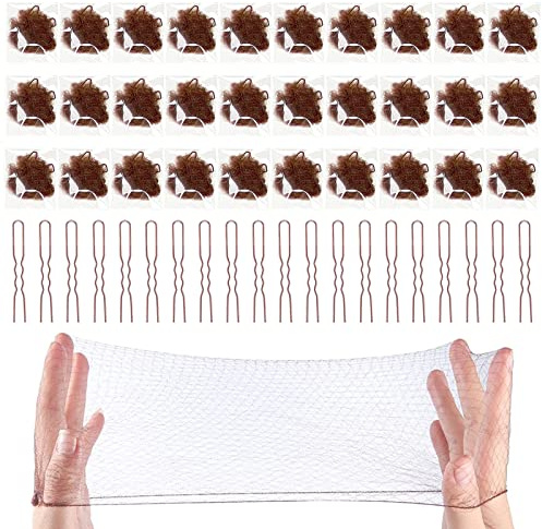 30Pcs Invisible Hair Net for Woman, Hair Nets with 20Pcs U Shaped Pins for Women Buns, Invisible Elastic Edge Mesh for Women Girls Ballet Dance (Brown)