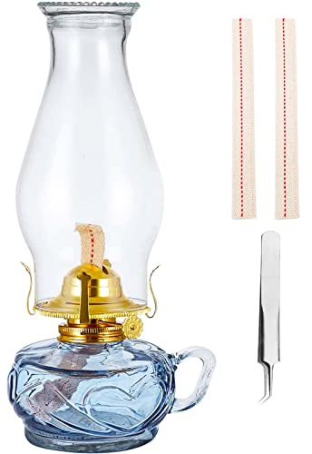 Rustic Oil Lamp for Indoor Use,Large Kerosene Lamp with Handle,2 Pcs Wicks and 1 Tweezers,Vintage Glass Hurricane Lamp for Home Emergency Lighting (Blue)