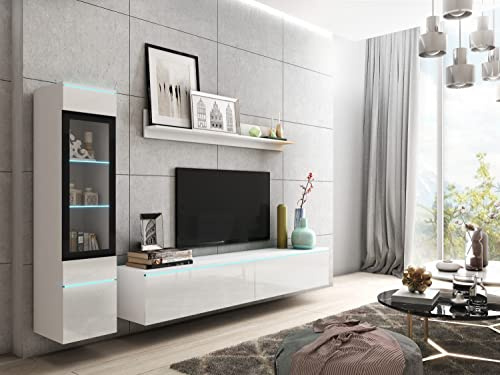 PIASKI Vera I Ensemble de meubles de salon avec éclairage LED en option Blanc brillant avec éclairage LED