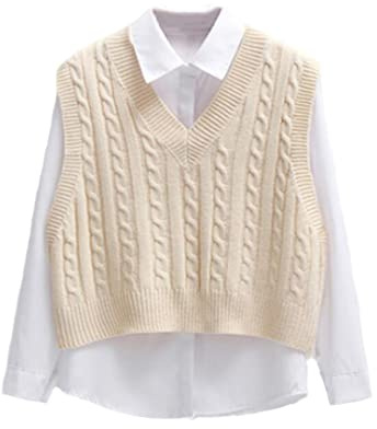 Alloaone Pull court en tricot sans manches pour femme - Col en V, apricot vest, M