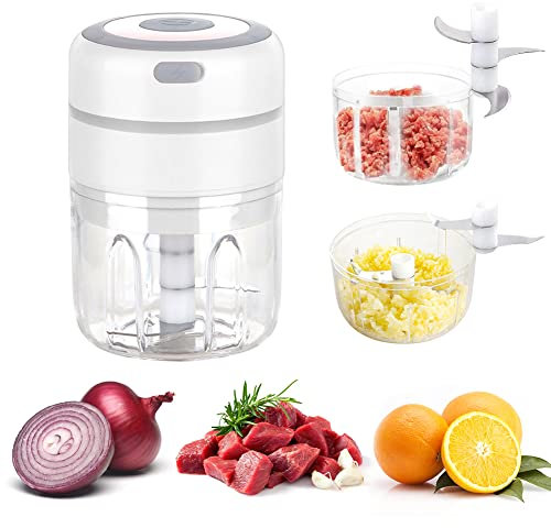 Mini électrique Hachoir à Oignons avec 2 Tasses, Multi Mixeur Electrique de Cuisine Hachoir 250ML+100ML, USB Rechargeable pour Légumes Fruits Viande (Blanc)