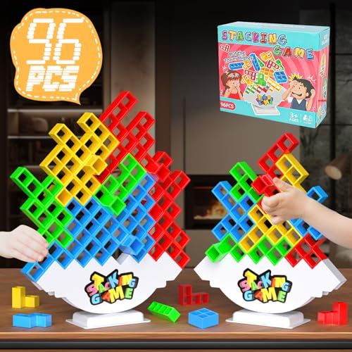 BBnote 96PCS Stack Game for Adult & Kids, Tetra Board Tower Games for Family Travel Party, 4 Players Balance Stacking Toy, Team Toys Building Block