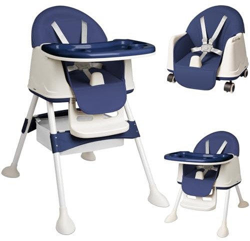 HENGMEI 3in1 Hochstühle Kinderstuhl Esstisch Babystuhl Lauflernhilfe Babywalker Sitzerhöhung Kindersitz für Baby 6-36 Monate Tischstuhl mit Tisch und Rollen Tablett Tragbarer, Blau