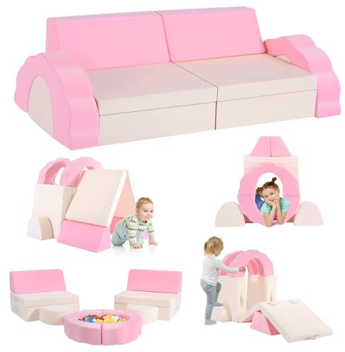 CUPCHID Sofá infantil modular, sofá infantil, muebles de dormitorio y sala de juegos para niños pequeños, espuma convertible (juego de 10 unidades, rosa-beige)