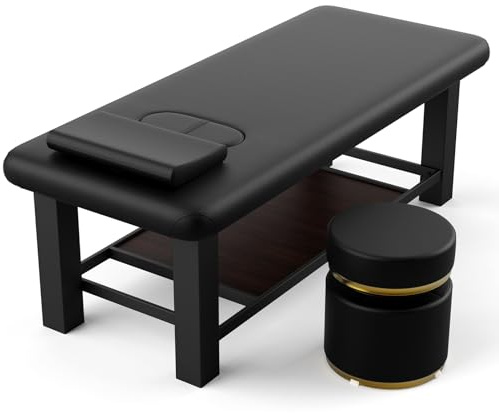 Ufurpie Fixed Backrest Stationary Massage Table and Round Swivel Ottoman, Professional Massage Set, Heavy-Duty Spa Bed, 360° Adjustable Height Makeup Vanity Stool, for Salon Facial Physical Therapy