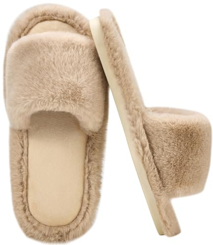 7STROBBS Ladies Fluffy Slippers, Wide Fit Women Open Toe Memory Foam Slipper, Anti Slip Indoor Slippers, Cosy Warm House Slippers Khaki UK 5-6