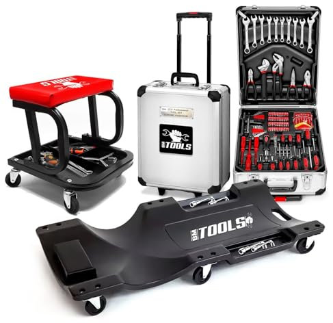 Tabouret Roulant BM TOOLS, Plateau Outils de Rangement avec Chariot de visite et Valise 399 outils, PACK Garagiste, Mécano Auto