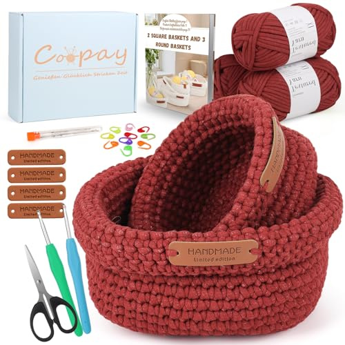 Coopay Juego de ganchillo para principiantes, 2 tamaños, cestas cuadradas, juego de ganchillo con aguja de ganchillo de 4,0 + 4,5 mm, instrucciones, lana de 5 mm de grosor para cesta de ganchillo