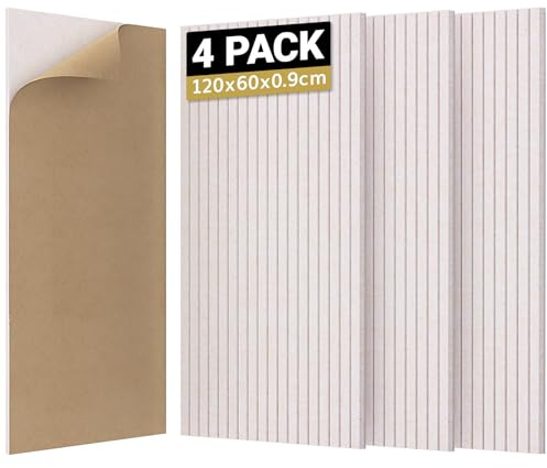 TONOR Akustiska paneler, 4-pack, självhäftande, 120 x 60 x 0,9 cm, ljudisolering för vägg, akustiska plattor, akustisk behandling och väggdekoration för studio och kontor, ljus kamel