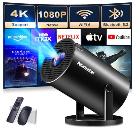 Proiettore 1080P FHD [2026 Upgraded] Mini Proiettore Portatile 4K con WiFi 6 BT 5.2 Videoproiettore Supporta Rotativo a 270°Projector Auto Keystone TV Stick/USB/HDMI/PC con Cavo HDMI & Mouse, Nero