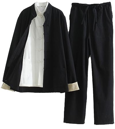 OLSKFUH Kung-Fu-Kampfsportanzug, Jacke, Hose, Hemd – Traditionelle Tang-Anzug-Kleidung Für Herren, Tai-Chi-Kleidung Aus Baumwolle Und Leinen,Black-Medium