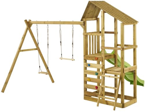 Kangui - Tour de jeux en bois avec double plateformes WOUPI - Balançoire, trapèze, mur d'escalade et cabane