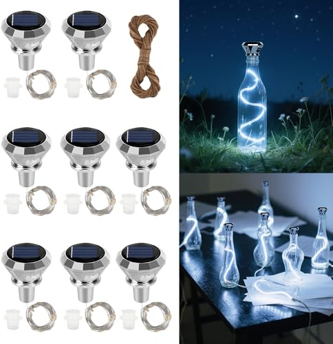 HIULLEN 8 luci a LED a energia solare, per bottiglie di vino, 2 m, 20 LED, in sughero, per bottiglie di vino, per fai da te, feste, giardino, matrimonio (luce bianca)