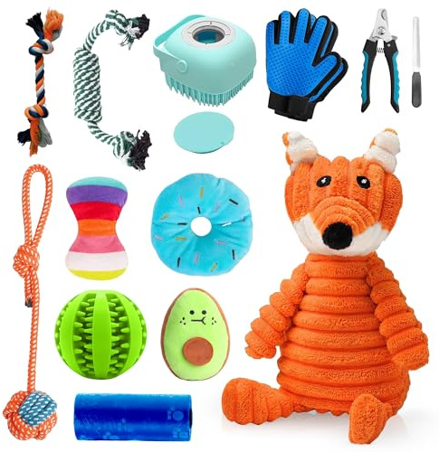 12 Pack Dog toys and Pet Grooming Set for Small Dogs - Tough chew and Puppy Teething Toys for Puppies from 8 Weeks - Interactive Dog Toys for Boredom, Stimulation and Training