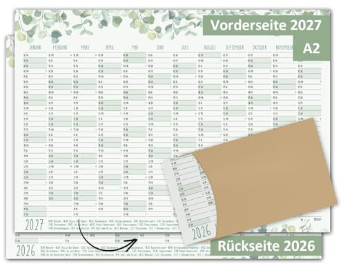 Timr Väggkalender 2026 2027 Eukalyptus DIN A2 - tr39 | 12 månaders kalender dubbelsidig med botaniskt motiv för hem kontor och planering