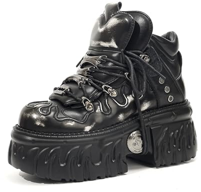 Songella Botas Góticas con Plataforma para Mujer, Botines Punk Rock con Cordones, Diseño de Llamas con Decoración de Metal Suela Chunky