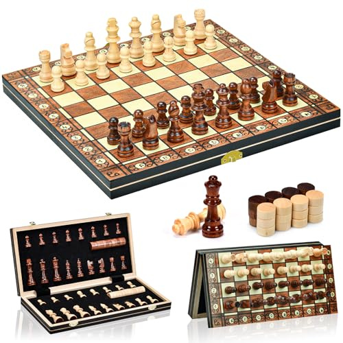 Aissom Scacchiera in Legno,2 in 1 Scacchiera Pieghevole,Magnetici Scacchi, Backgammon con slot di archiviazione, Dama per Bambini e Adulti Feste (39x39cm)