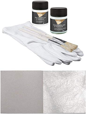 Starterset 50 Blatt Echtes Blattsilber 5cm x 5cm Echt Silber Set zum Versilbern & Basteln Silberblatt Möbel + 1 x Kreul Anlegemilch Kleber 50 ml + 1 x Überzugslack 50 ml + 1 Paar Handschuhe + 2 Pinsel