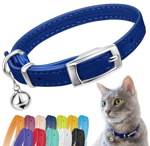 CollarDirect Leather Cat Collar, Cat Safety Collar with Elastic Strap, Kitten Collar for Cat with Bell Black Blue Red Orange Lime Green (Neck Fit 6-7, Navy Blue)