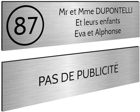 DECOHO - Plaque Boite aux Lettres Personnalisable - Lot de 2 plaques adhésives Argent-Noir - Format 100x25 mm, Gravure Laser, résist - Argent