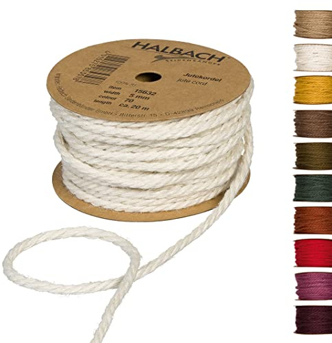 Halbach Seidenbänder Cuerda de Yute Premium, Ancho: 5 mm, Longitud: 20 m, Cuerda de Yute para decoración, Cuerda de Yute 100% Natural para jardín y Embalaje de Regalo, Color: Crema