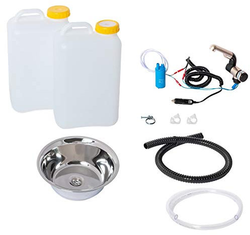 Wasseranlage Imbisswagen Verkaufsanhänger Campingküche 12v Bausatz Spüle 28cm (280MM) + Wasserhahn Barwig Chrom Wasserkanister 19Liter (ad-ideen)