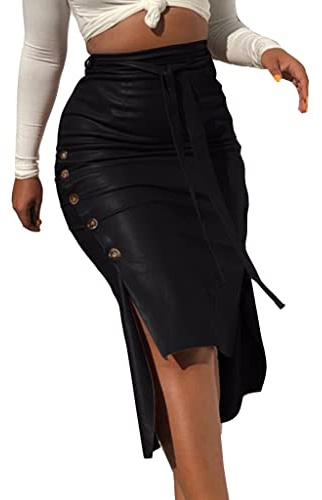 ORANDESIGNE Jupe Mi-Longue en PU Cuir Taille Haute avec Ceinture Fendue Devant Chic Sexy et Élégant Midi Vintage Crayon A Noir XL