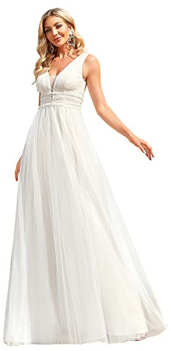 Ever-Pretty Abito da Sposa da Donna Scollo a V Linea ad A Stile Impero Tulle Senza Maniche Semplice Bianco 40