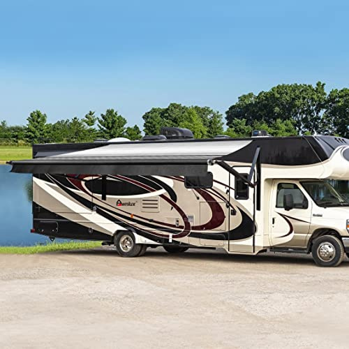 Awnlux Black Motorized Modular Retractable RV Awning Full Set Assemblies for RV, 5th Wheel, Travel Trailers, Toy Haulers, and Motorhome - RV Trailer Awning for Home or Camper - 10x8 Ft - Black Strip