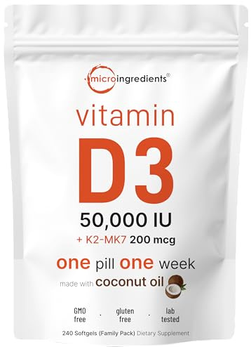 Micro Ingredients Vitamin D3 50,000 IU + K2 MK-7 200 mcg, 240 Softgels | Virgin Coconut Oil | 2-in-1 Support | Easy to Swallow, Non-GMO