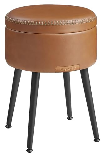 VASAGLE EKHO Collection - Förvaring Ottoman, Sminkbordspall, PU med sömmar, Mid-Century Modern, Rund förvaringspall med stålben, Kapacitet 150 kg, Karamellbrun LOM005K01