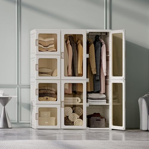 Dripex Kleiderschrank, Schrank 104 x 136 x 50 cm (B x H x T), einfache Montage, Faltbarer Mehrzweckschrank mit Stange, magnetische Türen, für Wohnzimmer Schlafzimmer Weiß