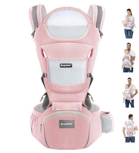 KIYUMI Baby Carrier with Hip Seat, Ergonomic M Position, Newborn to Toddler, Head Support and Breathable Mesh,Adjustable Removable 6- in-1 Baby Baby Sling Carrier (7-45 lbs) for Mom Dad, Pink