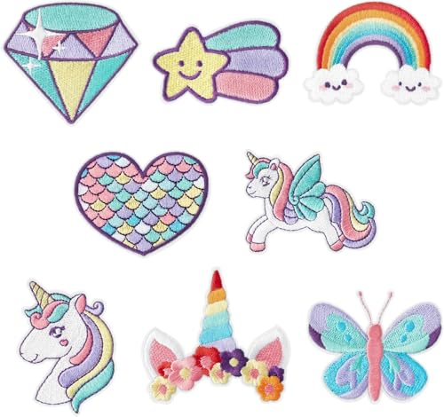 CYWQ 8 Pezzi Toppe Termoadesive Unicorno da Sogno Arcobaleno Stella Cuore Farfalla Diamante da Cucire Applique Ricamate Patch per Riparazioni Ricamo Accessori Fai da Te Creativi per Abbigliamento