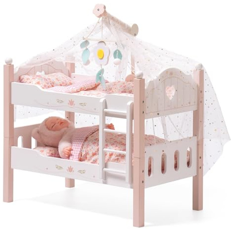 ROBOTIME Lit superposé en bois - Transformable avec échelle et literie - Pour lits de poupée empilables de 18 pouces - Accessoire parfait pour poupée - Cadeau pour enfants (rose)