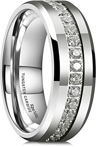 King Will Mens Cubic Zirconia Wedding Ring - Tungsten Carbide 8mm Comfort Fit Band, Polished Silver Engagement Anniversary Rings for Him R 1/2 (9)