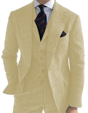QXWD Traje de Negocios 3 Piezas para Hombre, de Lana Verde, con Estampado Retro de Espiga, para Novio, Esmoquin de Tweed para Boda (Chaqueta, pantalón y Chaleco)
