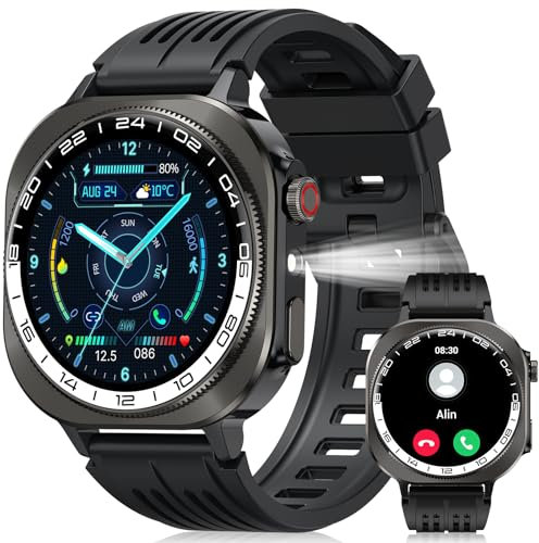Montre Connectée Homme Femme 660mAh, 1.43 Écran AMOLED HD Smartwatch avec Appel Bluetooth/LED Lampe, 24/7 Sommeil/Cardio/SpO2/Podomètre 130+ Modes Sportifs, IP68 Étanche Montre Sport pour Android iOS
