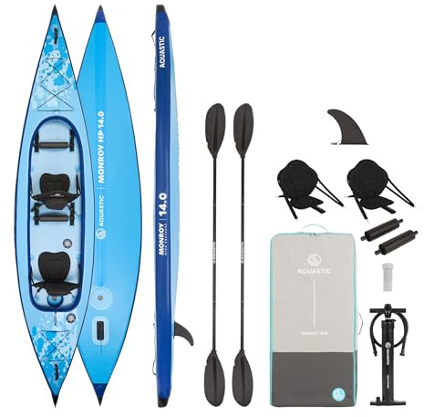 AQUASTIC Monroy 14'0 - Kayak gonfiabile e SUP Hybrid Drop-Stitch, 2 camere a V coje, stabile, portata fino a 250 kg, attrezzatura: 2 posti, pagaia, pompa, zavorra, zaino