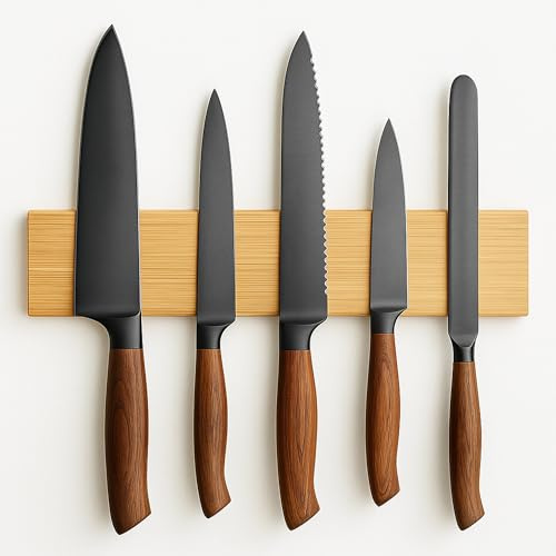 FB Funkybuys Magnetic Knife Holder for Wall - Space Saving Bamboo Knife Rack - Multipurpose Magnetic Strip with Strong Grip for Kitchen Utensils, Tools, and Garages (30cm)