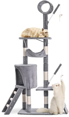 VOUNOT® Kratzbaum Katzenbaum 155 cm hoch, Stabil Mehrstöckiger Kletterbaum Katzenkratzbaum mit Kratzsäulen Plattformen Höhle Hängematte Treppe Spieltunnel und Spielzeug, Grau