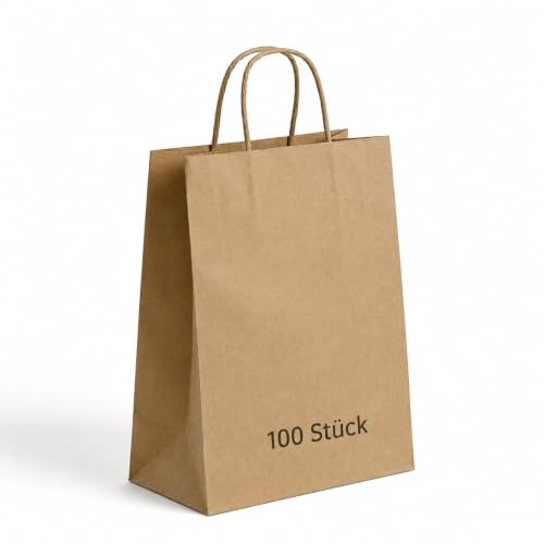 Commerline 100 Stycken Papperspåsar Med Handtag | Brun, 35+14x36 cm Presentpåsar | Kraftpapperspåsar Med Snörhandtag | Pappersbärkassar för Shopping och Förpackning | DIY