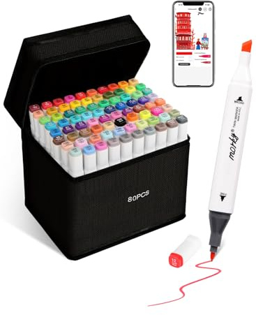 HornedDragon 80 Farben Alkohol Marker mit App, Doppelspitze Alkoholmarker (Meißel & Feine Spitze), Alcohol Marker für Erwachsener, Alkohol Stifte für Design, Malerei, Manga & Illustrationen