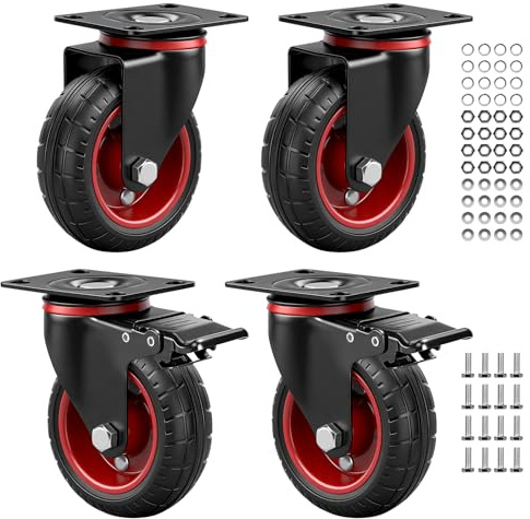 4 Stück Schwerlastrollen 100mm Lenkrollen mit Bremse, 360° Drehbar Transportrollen mit Schwerlast Deckplatte Vollgummi Rollen aus Antirutsch Polychlorid Tragkraft 600kg(2 Lenkrollen 2 Bremsrollen)