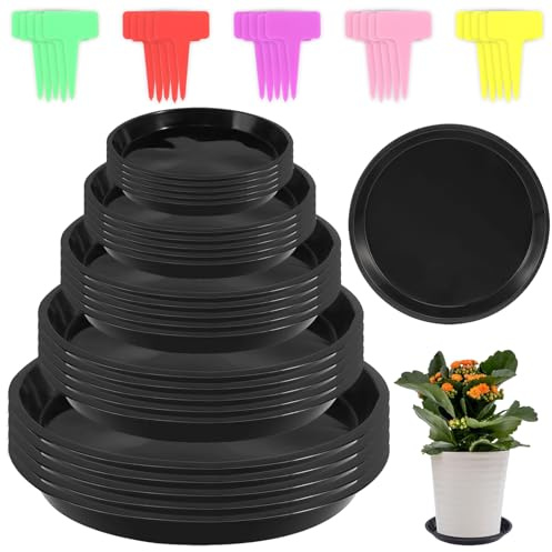 25 Piezas Platillos para Plantas, 16/18/20/22/24 cm Plástico Platillos para Macetas, Platos para Macetas Redondas, Bandejas de Goteo para Macetas para Exteriores e Interiores Plantas con 24 Etiquetas