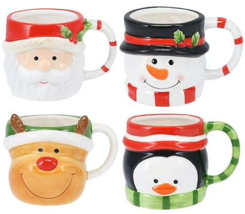 VARZI Tazza Natalizia In Ceramica 8,5cm Figure Assortite - Babbo Natale, Renna, Pinguino, Pupazzo Di Neve -Idea Regalo E Decorazione Festiva